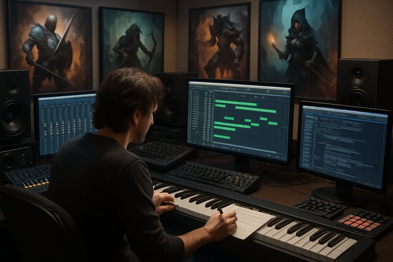 Composer at work in a studio, surrounded by digital audio equipment and game artwork. Composer at work in a studio, surrounded by digital audio equipment and game artwork.